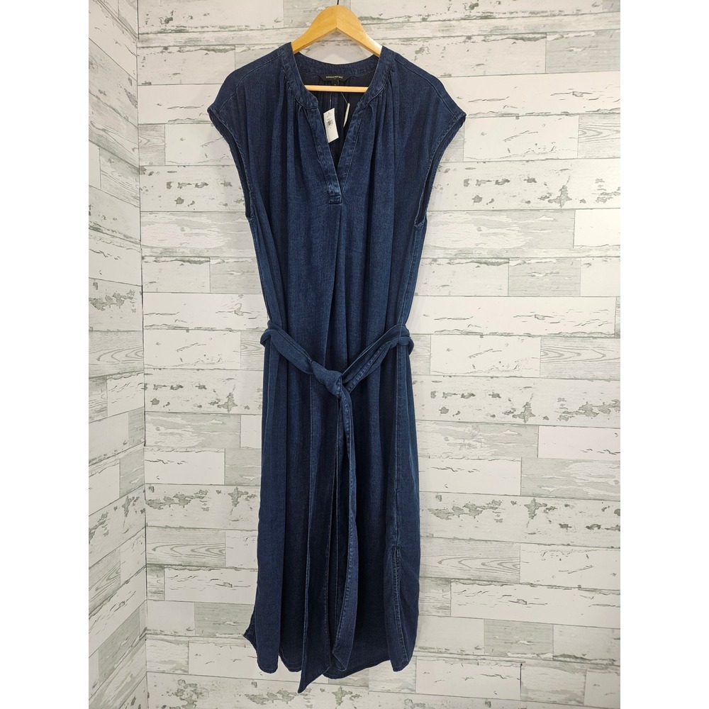 Banana Republic Women Blue Lyocell Denim Midi Dress Sleeveless V-Neck Belted L
